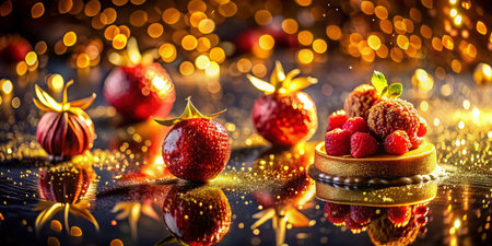 Delicious Food Photography: Golden Sparkle Background with Festive Starsの素材