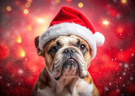 Cute Bulldog in Santa Hat, Festive Red Background, Double Exposure Stock Photoの素材