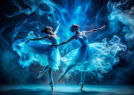 Ethereal Blue Smoke Swirl Abstract Dark Background Double Exposure Stock Photoの素材