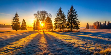 Frosty Dawn: Sunlit Grassland &amp; Silhouetted Trees - Low Light Landscape Photographyの素材