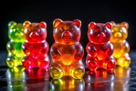 Gummy Bears Candy Night Photography: Colorful Jelly Sweets Isolated on Whiteの素材