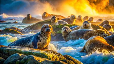 Harbour Seal Colony Basking on Rocky Coastline - Double Exposure Wildlife Photographyの素材
