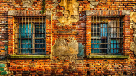 Grungy Brick Wall Facade with Small, Hopeful Rescue Windows - Architectural Photographyの素材