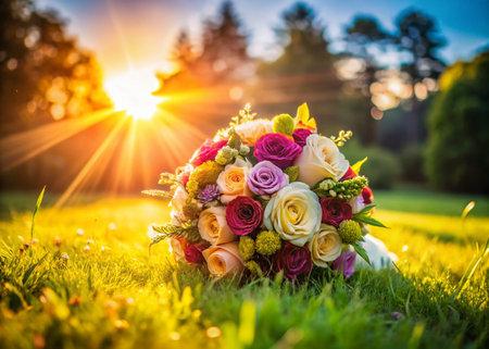 Just Married: Elegant Wedding Bouquet on Lush Green Grassの素材