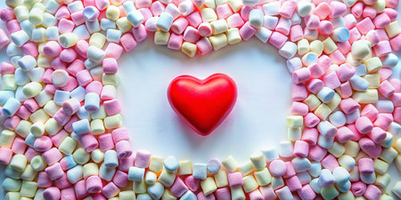 Long Exposure Photo of Colorful Marshmallow Frame with Red Heart on Whiteの素材