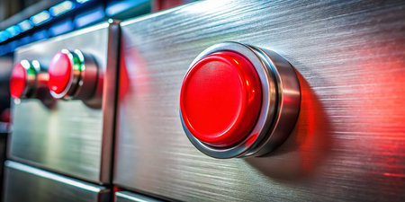 Industrial Control Panel: Large Red Switching Button Close-Upの素材