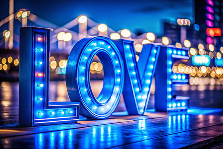 Long Exposure Photo of a Large Blue Love Sign at Nightの素材