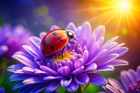Ladybug on Purple Flower, Summer Sunlight, Macro Photographyの素材