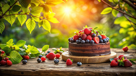 Lush Green Landscape with Delicious Chocolate Cake and Fresh Berriesの素材