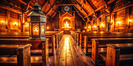 Low Light Interior of Wooden Church, Rustic Chapel,  Warm Lighting,  Spiritual Atmosphere,  Ancient Architectureの素材