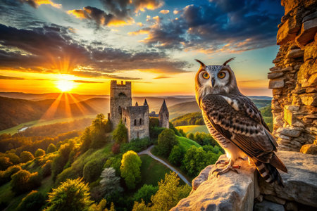 Majestic Royal Owl Soaring Above Ancient Castle Ruins - Drone Aerial Viewの素材