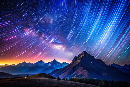 Majestic Night Landscape: Starry Sky Over Serene Mountain Rangeの素材