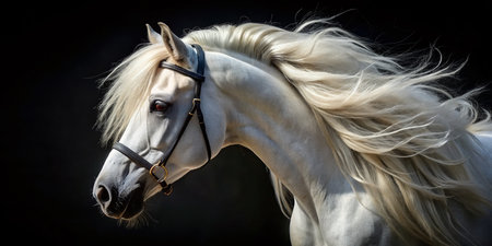 Majestic White Horse Head Silhouette: Close-Up Bridle Detailの素材