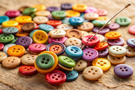 Minimalist Still Life: Colorful Buttons, Needle, Threadの素材
