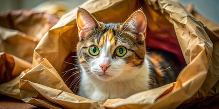 Mischievous Multicolored Cat in Gift Bag â Playful Pet Stock Photoの素材