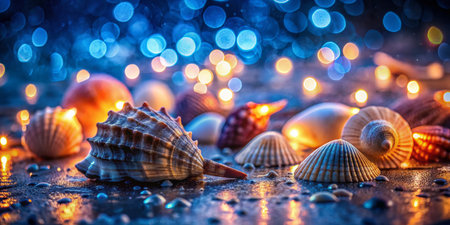 Night Seashells Bokeh: Glowing Coastal Shells at Duskの素材
