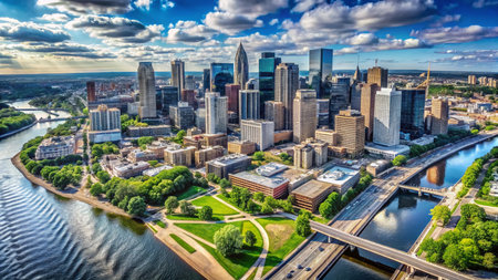 Panoramic Black and White Minneapolis City Map Aerial Viewの素材