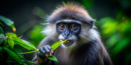 Purple-Faced Langur Monkey in Low Light Jungle Settingの素材