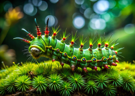 Poisonous Green Common Baron Caterpillar on Mossy Log in Rainforestの素材