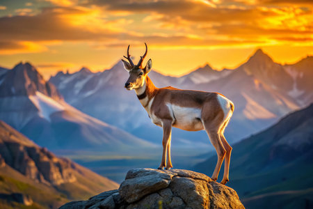 Pronghorn Antelope Majestically Surveying Mountain Valley at Sunrise - Wildlife Stock Photoの素材
