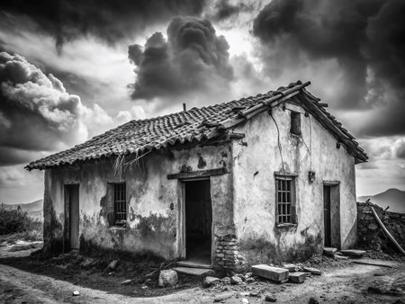 Poverty in Latin America: A Black and White Documentary Photograph of a Destitute Family's Humble Home, Lacking Walls or a Solid Foundation.の素材