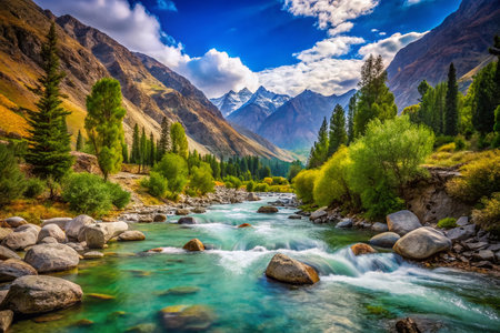 Pristine Mountain Stream in Pakistan: Vintage Photographyの素材
