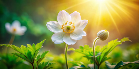 Radiant White Canada Anemone Flower in Sunlight, Blooming Bud, Green Leaves - Nature Stock Photoの素材