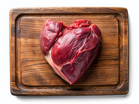 Raw Veal Heart on Wooden Board - Top View, Isolated White Background - Drone Photography Styleの素材