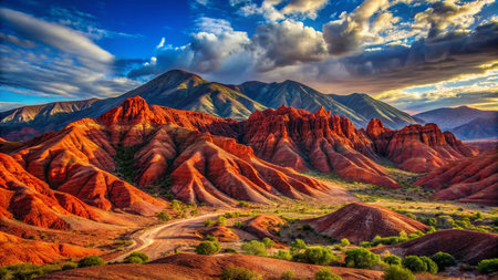 Red Granite Texture Landscape: Rugged Mountain Scenery with Dramatic Lightingの素材