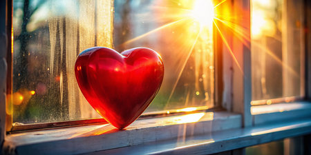 Red Heart Floating in Windowpane: Double Exposure Stock Photoの素材