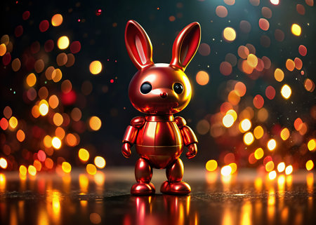 Red Robot Rabbit with Bokeh Lights on Black Background - Generative AI Stock Photoの素材