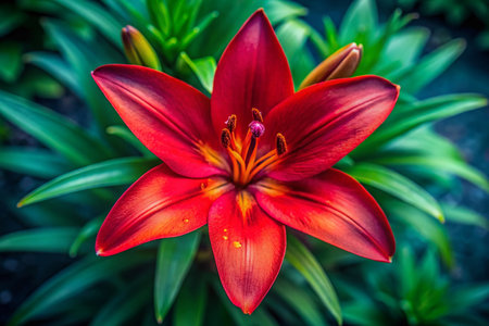 Red Lily Close-Up: Vibrant Flower Petal Details in Natural Lightの素材
