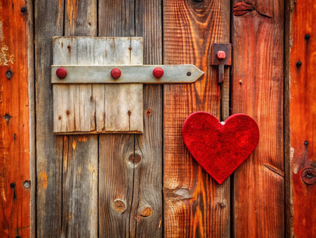 Red Wooden Door with Blank Heart Sign - Valentine's Day, Love Message, Rustic Romance,  Shop Sign,  Vintage Decorの素材