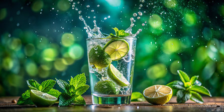 Refreshing Sparkling Water with Lime and Mint Splash - High-Resolution Stock Photoの素材