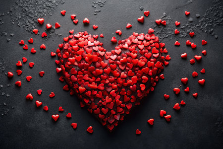 Romantic Panoramic Black Background with Red Hearts &amp; Heart-Shaped Inscription Spaceの素材