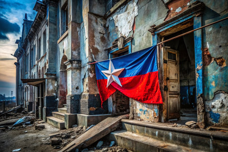 Russian Flag Ribbon, Curved Banner with Red Star, Victory Day, Independence Day, Patriotic Symbolの素材