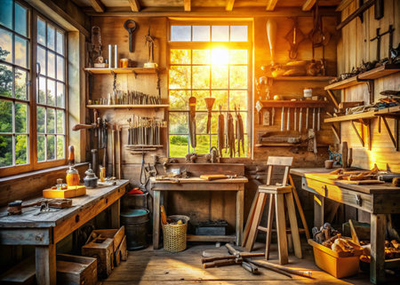 Rustic Charm: Vintage Household Tools in a Sunlit Workshopの素材