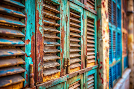 Rustic Charm: Tilt-Shift Photo of Dilapidated Wooden Lattice Shuttersの素材