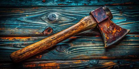 Rustic Still Life: Old Axe on Weathered Wood Background - Stock Photoの素材