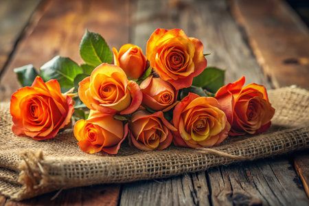 Rustic Orange Roses: Hessian Square on Wooden Background - Stock Photoの素材