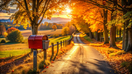 Rustic Red Mailbox on Country Road - Vibrant Autumn Sceneの素材