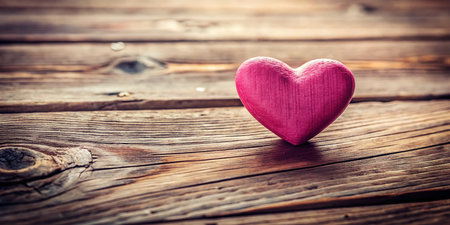 Rustic Valentine's Day Background: Pink Heart on Wooden Plankの素材