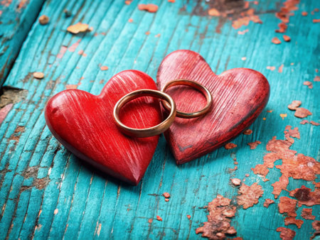 Rustic Wedding Rings &amp; Red Wooden Hearts on Blue - Romantic Stock Photoの素材