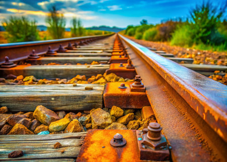 Rusty Railroad Tracks: A Documentary Photography Stock Image of Aged Steel Rails Against a Weathered Backgroundの素材