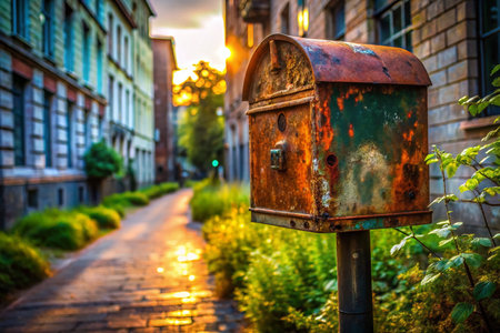 Rusty Old Mailbox Urban Exploration Photography - Vintage Metal Postbox in Decaying Cityscapeの素材