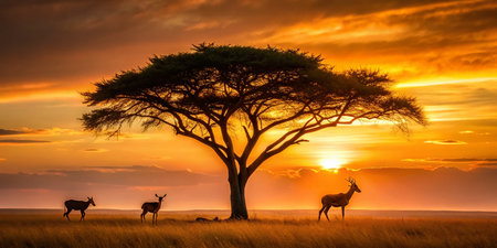 Sepia Lone Acacia Tree Gazelles African Savannah Wildlife Photographyの素材