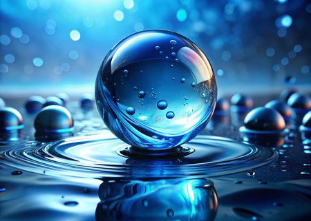 Serene Blue Orb: Water Droplets Reflecting Light, Captivating Serenity Stock Photoの素材