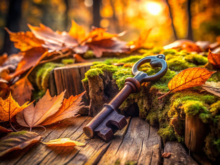 Rustic Wooden Key &amp; Lock Landscape Stock Photo:  Ancient Key in Weathered Lock, Nature Backgroundの素材