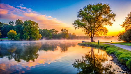 Serene Dawn: Beckley Creek Park Lake, Louisville, Kentucky -  Misty Morning Landscapeの素材