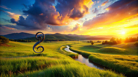 Serene Bass Clef Landscape: Musical Meadow Sunsetの素材